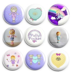 May include: Nine Polly Pocket themed button badges. The badges feature various images including a doll, a heart-shaped compact, a rainbow, and the words "Polly Pocket".