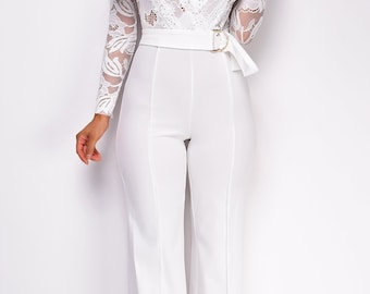 White Lace Long Sleeve V-Neck Jumpsuit