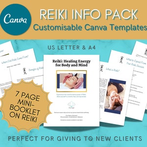 May include: A 7-page mini-booklet on Reiki, with a gold starburst graphic and the text "7 Page Mini-Booklet on Reiki". The booklet is part of a larger set of customisable Canva templates for Reiki practitioners, with titles like "Meet Your Practitioner", "Where Did Reiki Come From?", "Benefits of Reiki", "Reiki: Healing Energy for Body and Mind", "What is Reiki?", "What to Expect From Your Reiki Session", and "The Reiki Principles". The templates are designed for US Letter and A4 sizes.