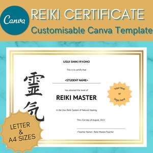 Reiki Zertifikat für alle Ebenen, Anpassbare Canva Vorlage