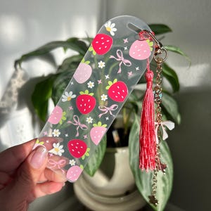 Strawberry Bow Bookmark with Charm – Personalized Soft Girl Gift | Coquette Aesthetic | Custom Acrylic Bookmark for Book Lovers