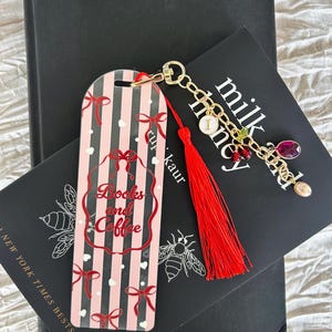 Books and Coffee Bookmark – Pink Stripe Clear Bookmark with Bows | Aesthetic Reader Gift | Coquette Book Accessory