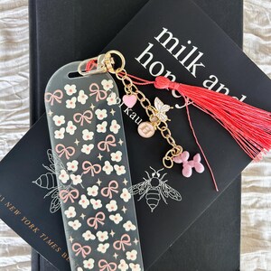 Sakura Sprinkle Bookmark – Cherry Blossom & Bow Bookmark | Acrylic Bookmark with Charm | Soft Girl Floral Gift