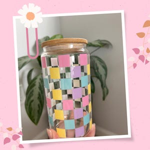 Pastel Checkerboard Glass Cup with Bamboo Lid | Aesthetic Iced Coffee Tumbler | Retro Pastel Drinkware | Gift for Her