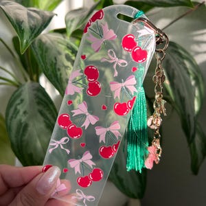 Cherry Bow Bookmark with Charm – Cute Coquette Bookmark | Soft Girl Reading Accessory | Aesthetic Gift for Her | Clear Acrylic Bookmark