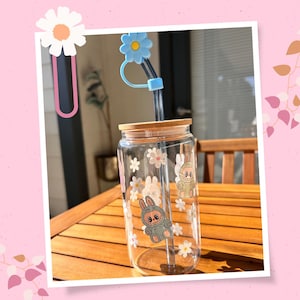 Labubu Bloom Glass Cup – 16oz Pastel Tumbler with Daisy Glass Straw | Limited Edition Soft Girl Glassware, Labubu Pink