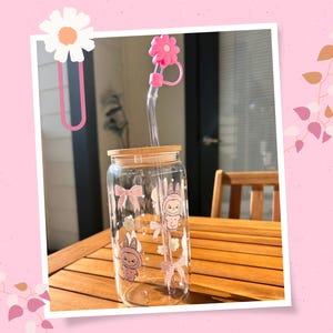 Pink labubu Glass Cup with Lid & Flower Straw Stopper | 16 oz Cute Kawaii Iced Coffee Tumbler | Coquette Aesthetic Drinkware Gift for Her
