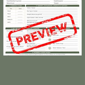 May include: An Intake Session Guide form with a white background and olive green accents, featuring sections for client information, screening scores, background, presenting concerns, and informed consent, with a red PREVIEW stamp overlay.