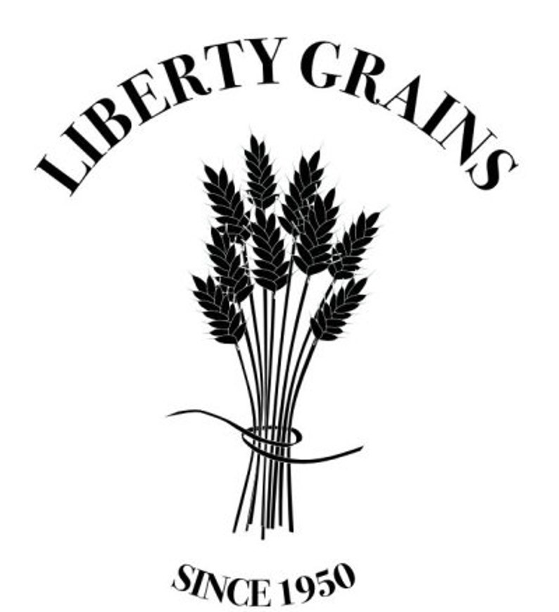 K&ouml;nnte beinhalten: Schwarzwei&szlig;es Logo f&uuml;r Liberty Grains, ein Unternehmen, das seit 1950 besteht. Das Logo zeigt ein B&uuml;ndel Weizen&auml;hren.