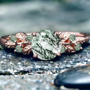 Unique Anniversary gifts for women Vintage moss agate engagement ring Solid 14K white gold promise ring Nature inspired art deco leaf ring