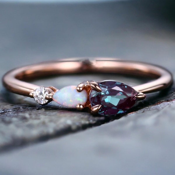 Vintage Art Deco Alexandrite Engagement Ring, Opal, Moissanite, Solid Gold