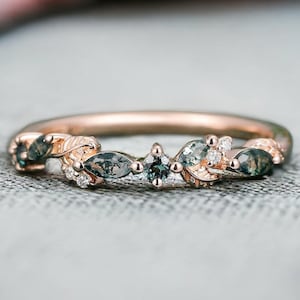 Leaf Vine Moss agate Wedding band Solid Rose Gold Marquise Alexandrite Moissanite marriage ring Dainty ring Promise Anniversary wedding band