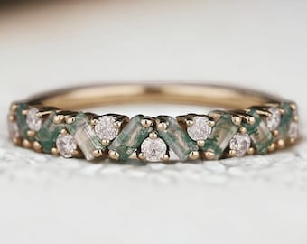 Moss Agate Wedding Band Ring, Gold Art Deco Eternity Band