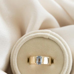 Emerald Cut Aquamarine Engagement Ring, Vintage 14k Solid Gold Anniversary Ring, March Birthstone Gifts Women, Bezel Aquamarine Ring For Her