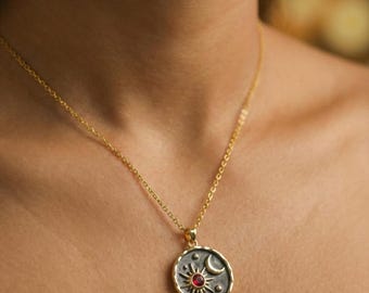 太陽と月のネックレス、18Kゴールドフィルドの月と星のネックレス、女性用天体ネックレス、ジュエリーギフト