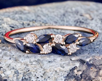 Vintage Marquise Safir Vigselring, Moissanit Matchande Stapelring för Bröllop, Ring med September Födelsesten, Jubileumsring Gåva