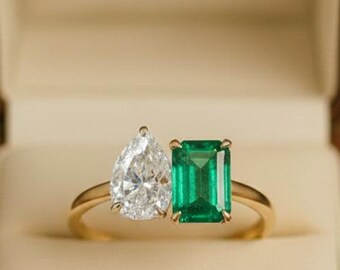 Solid Gold Toi et Moi Ring, Lab-Grown Emerald & Pear CZ, Dainty Engagement Ring