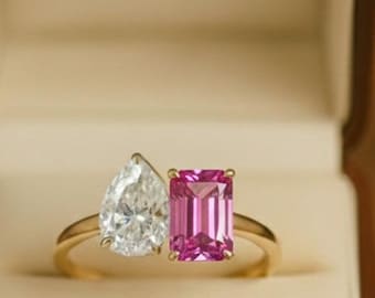 Toi et Moi Ring, Emerald Cut Lab-Grown pink Sapphire & Pear Cut CZ Diamond, Dainty Engagement Moissanite Ring, Birthday Gift for Her