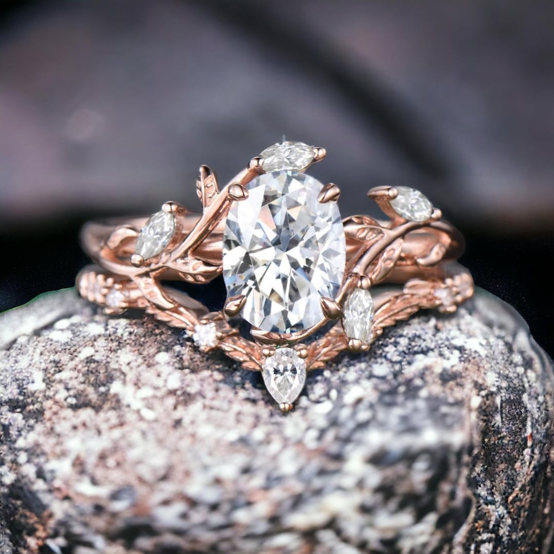 Vintage Oval Cut Moissanite Engagement Ring 14k Rose Gold Leaf Nature ...