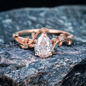 Pear Cut Moissanite Engagement Ring, Handmade Unique 14k Rose Gold Leaf Vine Twig Branch Nature Inspired Ring, Valentines Gift For Her