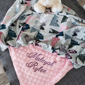 Pink Adventure Awaits Personalized Blanket - Mountain Woodland Blanket for Girl - Custom Baby Shower Gift - Customized Girl Mountain Nursery