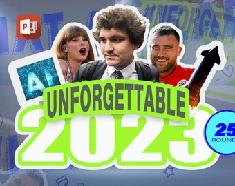 Unforgettable 2023. Year in Review. 2023 Trivia. Highlights from the year. 2023 Trivia Challenge. Trivia with friends.