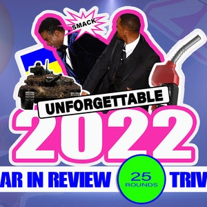 May include: A pink and white graphic with the text "Unforgettable 2022 Year in Review 25 Rounds Trivia" with images of a gas pump, a tank, and a man slapping another man.
