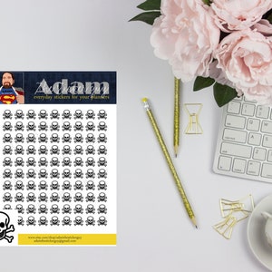 Puede incluir: Una hoja de 60 pegatinas de calavera y huesos cruzados en blanco y negro. Las pegatinas están sobre un fondo blanco con el texto "The Sticker Guy" y "everyday stickers for your planners" en blanco y negro. El texto "Adam" está en amarillo y negro. La dirección del sitio web "www.etsy.com/shop/adamthestickerguy" y la dirección de correo electrónico "adamthestickerguy@gmail.com" están impresas en la parte inferior de la hoja.