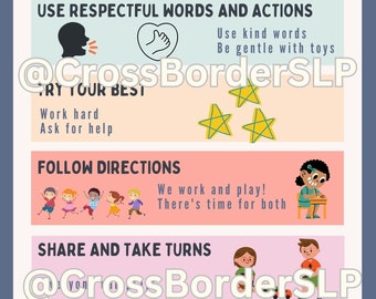 May include: A colorful poster with illustrations of children and stars. The poster lists expectations for therapy, including using respectful words and actions, following directions, sharing and taking turns, and helping clean up. The poster includes the text "@CrossBorderSLP".