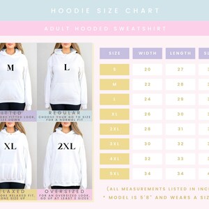 Op de afbeelding: Een maattabel voor hoodies voor volwassenen met vier afbeeldingen van een persoon in de maten M, L, XL en 2XL. Een tabel toont breedte-, lengte- en mouwmaten in inches voor de maten S tot 5XL. De tekst bevat HOODIE SIZE CHART.
