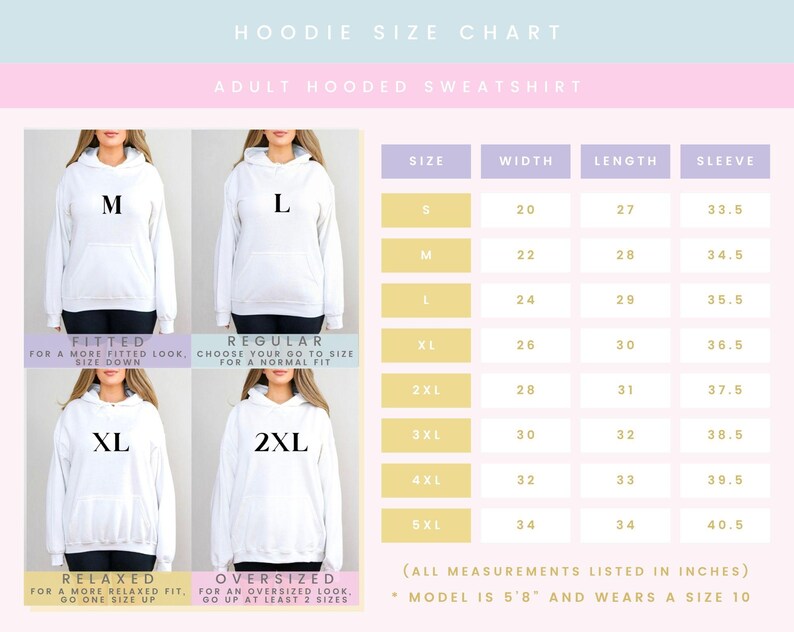 Op de afbeelding: Een maattabel voor hoodies voor volwassenen met vier afbeeldingen van een persoon in de maten M, L, XL en 2XL. Een tabel toont breedte-, lengte- en mouwmaten in inches voor de maten S tot 5XL. De tekst bevat HOODIE SIZE CHART.