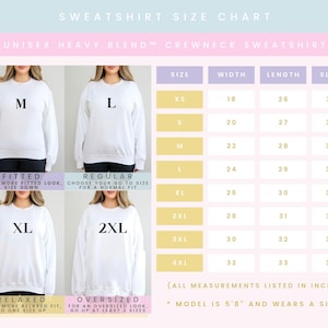 Op de afbeelding: Een maattabel voor een unisex sweatshirt met ronde hals, met vier afbeeldingen van een persoon in de maten M, L, XL en 2XL. Een tabel toont breedte-, lengte- en mouwmaten in inches voor de maten XS tot 4XL. De tekst bevat Sweatshirt Size Chart, Unisex Heavy Blend Crewneck Sweatshirt en all measurements listed in inches.