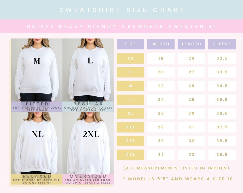 Op de afbeelding: Een maattabel voor een unisex sweatshirt met ronde hals, met vier afbeeldingen van een persoon in de maten M, L, XL en 2XL. Een tabel toont breedte-, lengte- en mouwmaten in inches voor de maten XS tot 4XL. De tekst bevat Sweatshirt Size Chart, Unisex Heavy Blend Crewneck Sweatshirt en all measurements listed in inches.