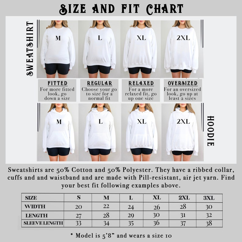 May include: Size and fit chart for sweatshirts and hoodies. The chart shows the measurements in inches for width, length, and sleeve length for sizes S, M, L, XL, 2XL, and 3XL. The chart also includes information about the fit of each size, such as fitted, regular, relaxed, and oversized.