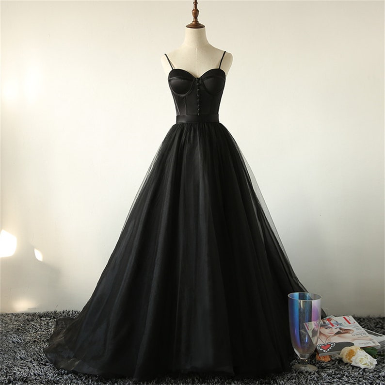 Spaghetti Straps Black Prom Dress Gown,Satin Ball Gown Dress,Black Formal Dress,Prom Dress Corset,Long Tulle Dress,Bridal Reception Dress 