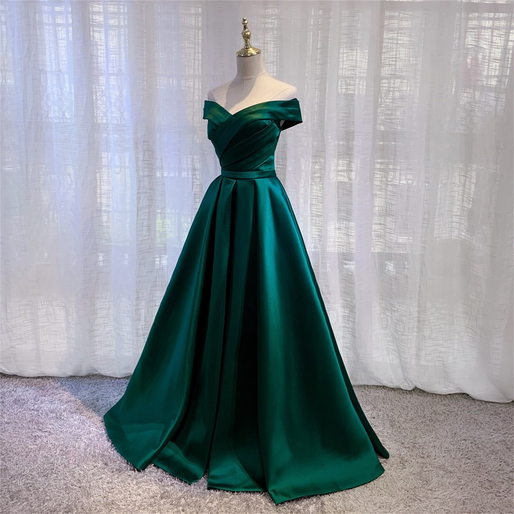 Off-shoulder Emerald Green Prom Dress Gownlong Satin Green - Etsy