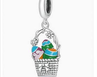 Charm pendant 925 sterling silver Easter egg basket with flowers and bow