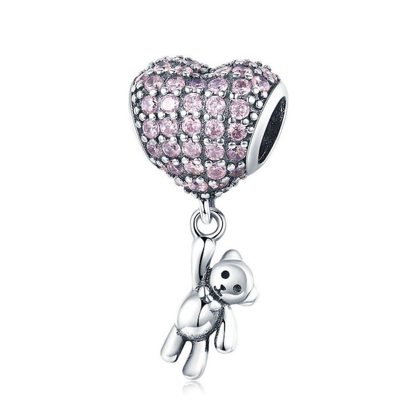 Pendentif charm argent 925, ballon coeur avec ours en peluche