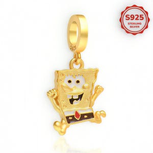 May include: A gold-colored charm featuring the character SpongeBob SquarePants in a running pose. The charm has white and black accents, and a red and black tie. The charm is attached to a gold ring. The text "S925 STERLING SILVER" is in a red circle.