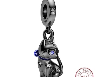 NEW, charm pendant silver 925, black cat, sparkling cat, charm pendant