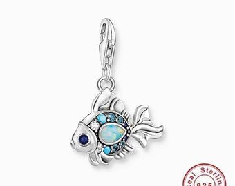 Charm Anhänger Silber 925, Karabinerverschluss, Bunte Fisch , Blaue Maritime Fisch, Feine schmuck für Frauen, Geschenk