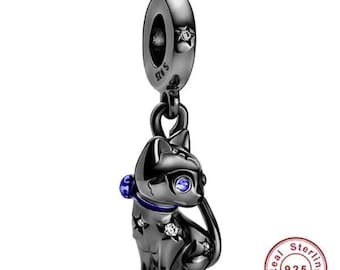 NEU, Charm Anhänger Silber 925, Schwarze Katze , Funkelnde Katze, Charm-Anhänger