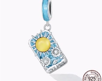 Charm colgante Plata de Ley 925, Carta del Tarot Sol con esmalte azul