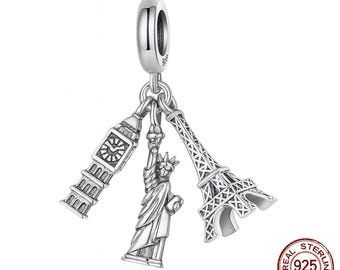 Charm pendant silver 925, Eiffel Tower, Big Ben and Statue of Liberty, jewelry gift, charm for bracelet, pendant for necklace