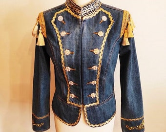 Women&#39;s denim jacket in military style, handmade denim jacket with rhinestone buttons, denim jacket hand-embellished, unique