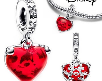 Charm colgante Disney Mickey y Minnie Mouse, cristal de Murano rojo, plata 925