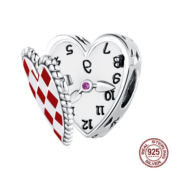 Charm Silber 925, Herz Uhr, Alice im Wunderland