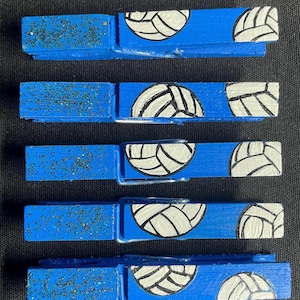 Hand Painted Volleyball spirit clips(set of 5)spirit clips, sports, volleyball, team spirit, positive affirmations, clothespins,blue,glitter