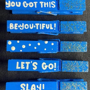 Spirit clips (set of 5) cheer spirit clips, spirit pins, pins, sports, volleyball,team spirit,positive affirmations,clothespins,blue,glitter