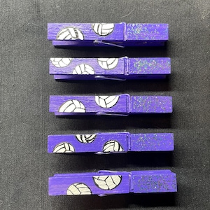 Volleyball spirit clips (set of 5) spirit clips, spirit pins, sports,volleyball,team spirit,positive affirmations,clothespins,purple,glitter